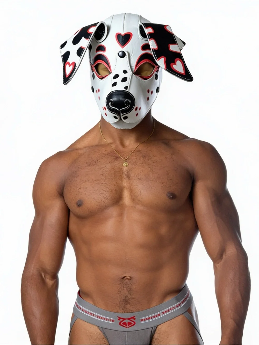Puppy Leather Mask White with Black and Red Hearts